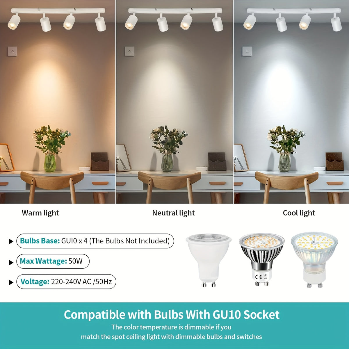 Spot de plafond 4 cylindres blancs orientables, barre 55 cm, GU10