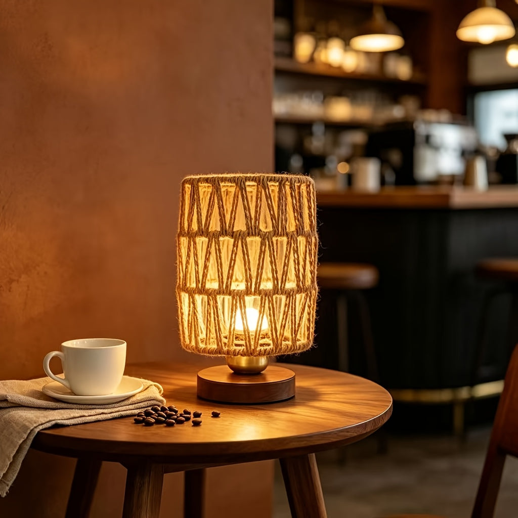 Lampe de chevet en corde tressée en zigzag, socle brun et variateur