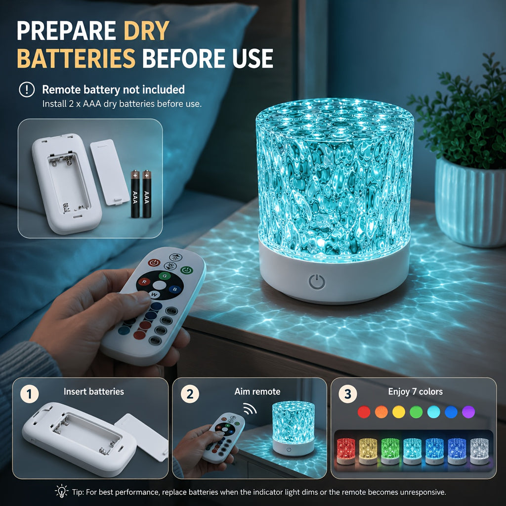Lampe d'ambiance à reflets d'eau, cylindre ciselé et télécommande