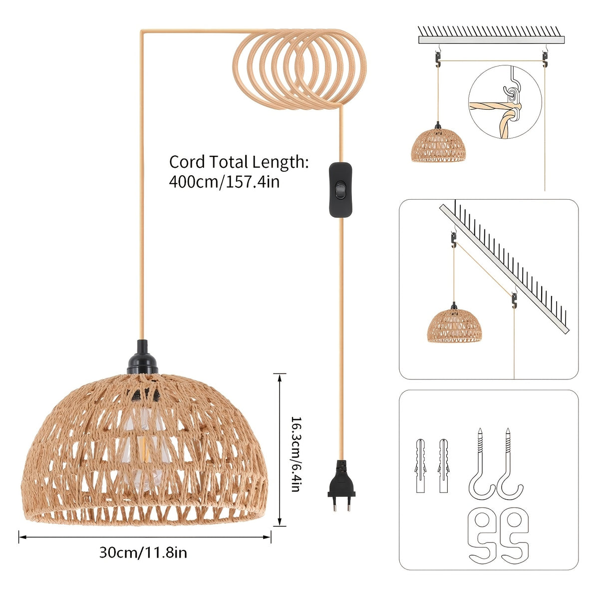 Suspension hémisphère en rotin à brancher, Ø 30 cm, câble de 4 m