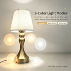 Lampe de chevet USB à pied balustre doré et abat-jour en tissu