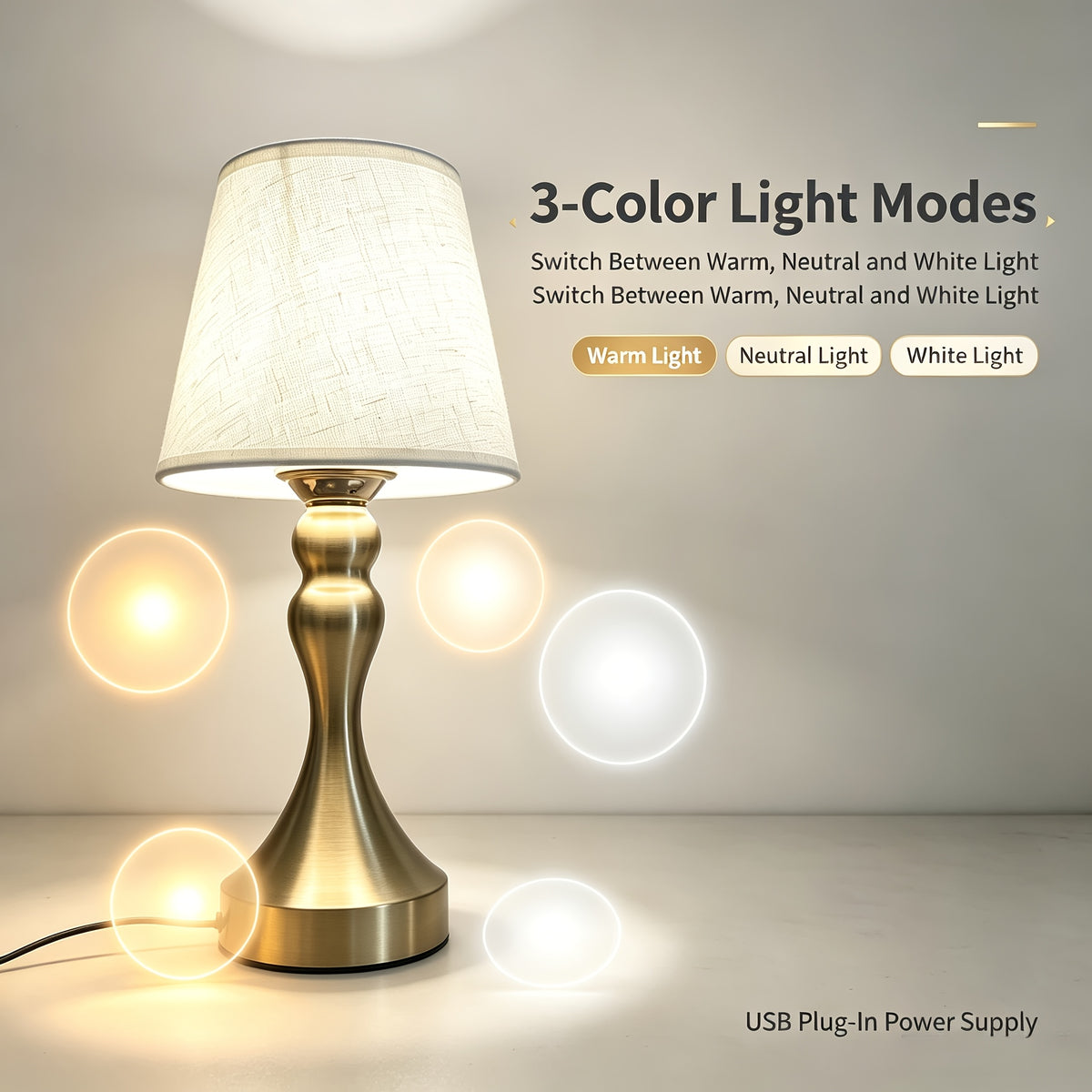 Lampe de chevet USB à pied balustre doré et abat-jour en tissu