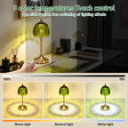 Lampe de chevet sans fil en verre nervuré vert ou orange, pied doré