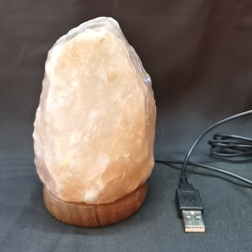 Lampe de sel rose brut sur socle en bois, veilleuse USB chaude