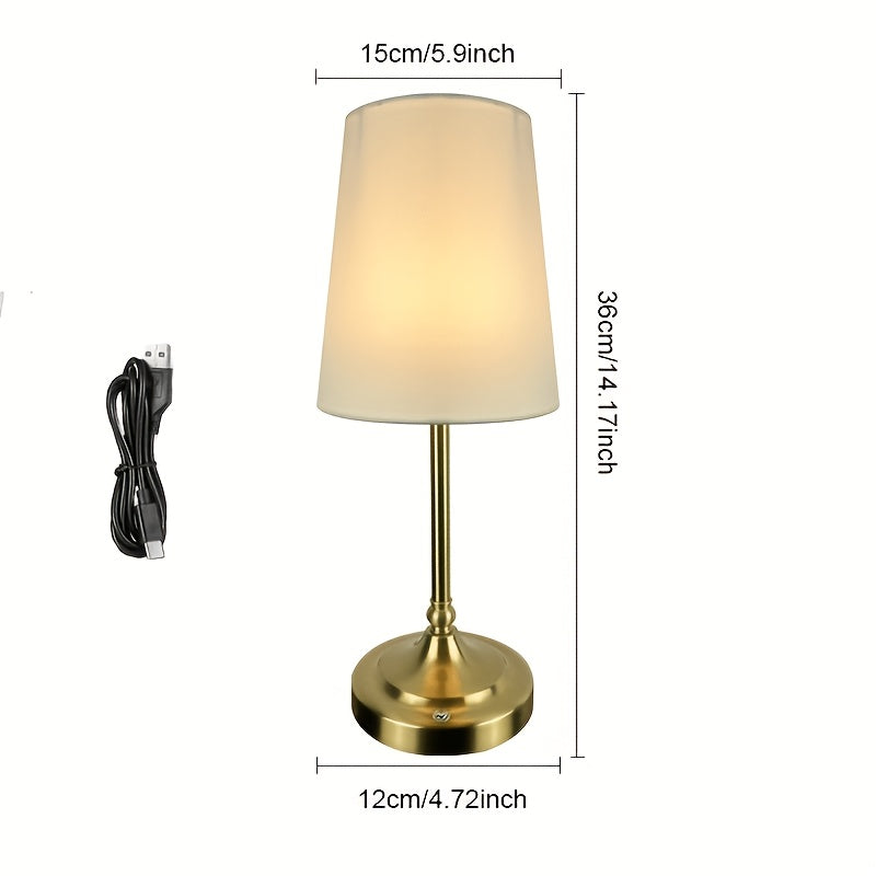 Lampe de chevet sans fil rétro, tige finition laiton et cône en tissu