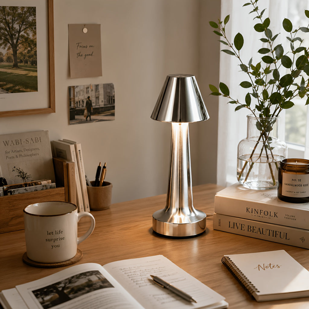 Petite lampe sans fil à chapeau conique en métal doré, 20,5 cm