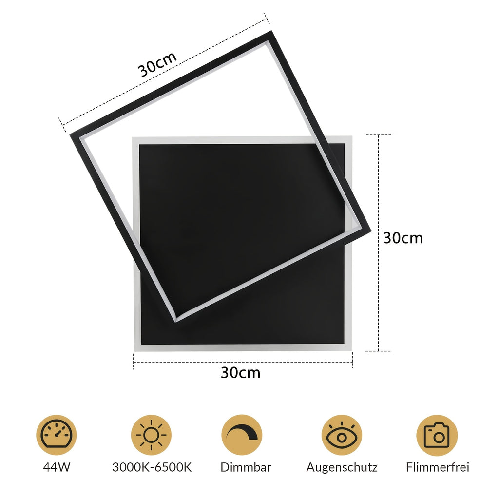 Plafonnier LED à deux carrés superposés de 30 cm, 44 W, noir ou blanc