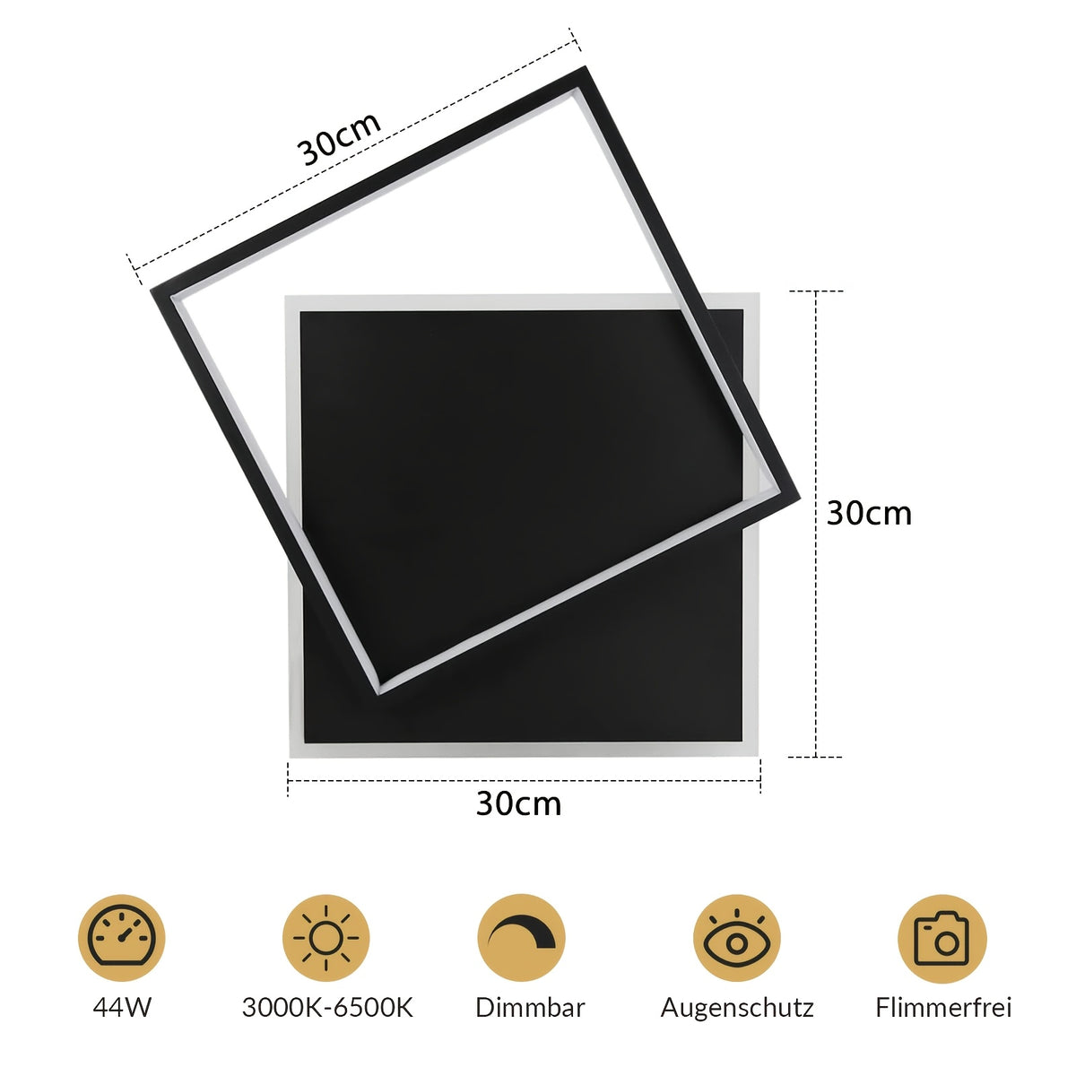 Plafonnier LED à deux carrés superposés de 30 cm, 44 W, noir ou blanc