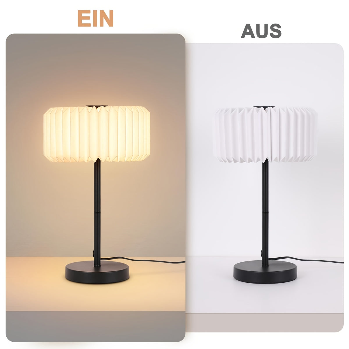 Lampe de chevet abat-jour plissé en papier blanc, pied noir G9