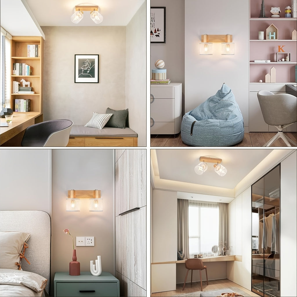 Plafonnier barre effet bois à 3 ou 4 spots grillagés blancs, E14