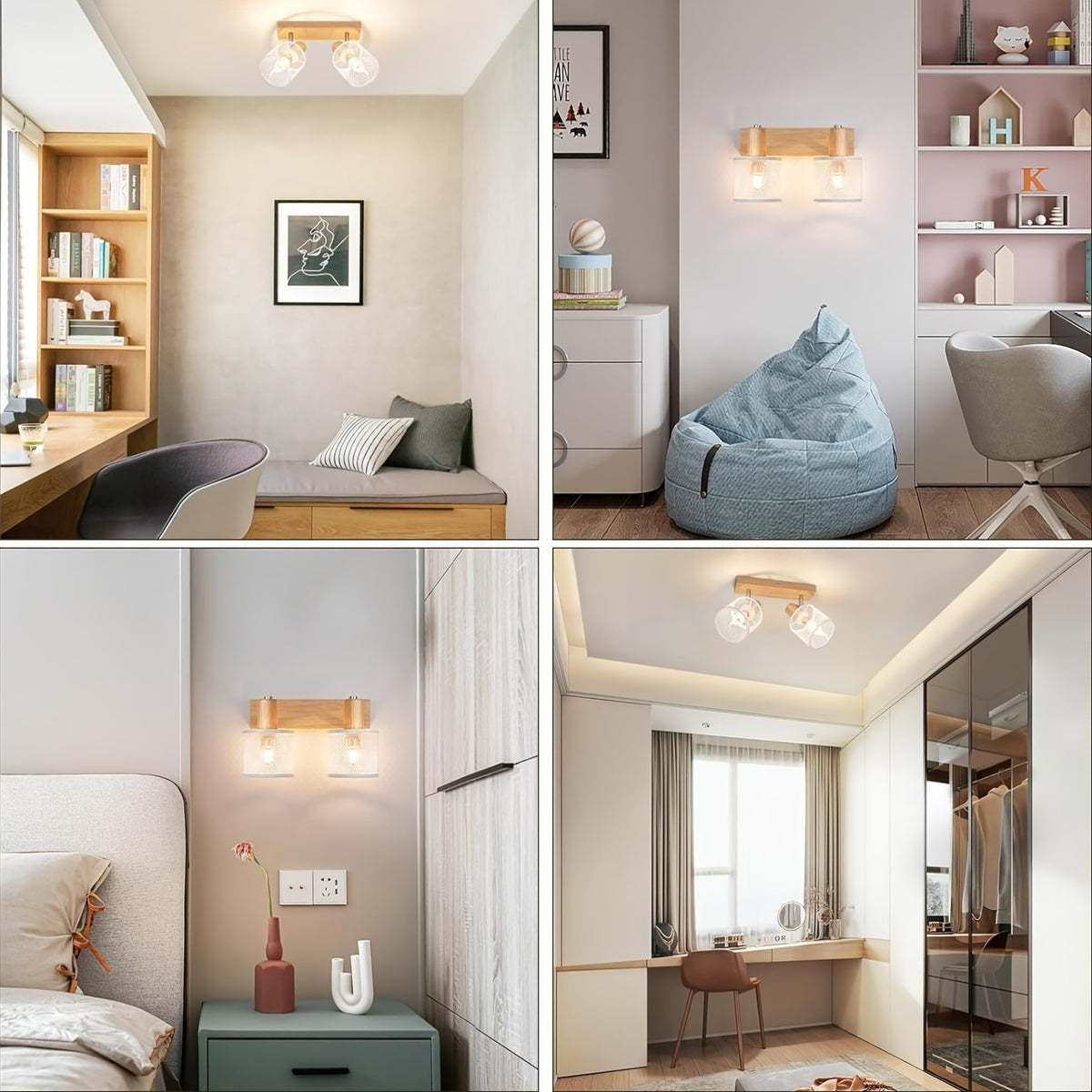 Plafonnier barre effet bois à 3 ou 4 spots grillagés blancs, E14