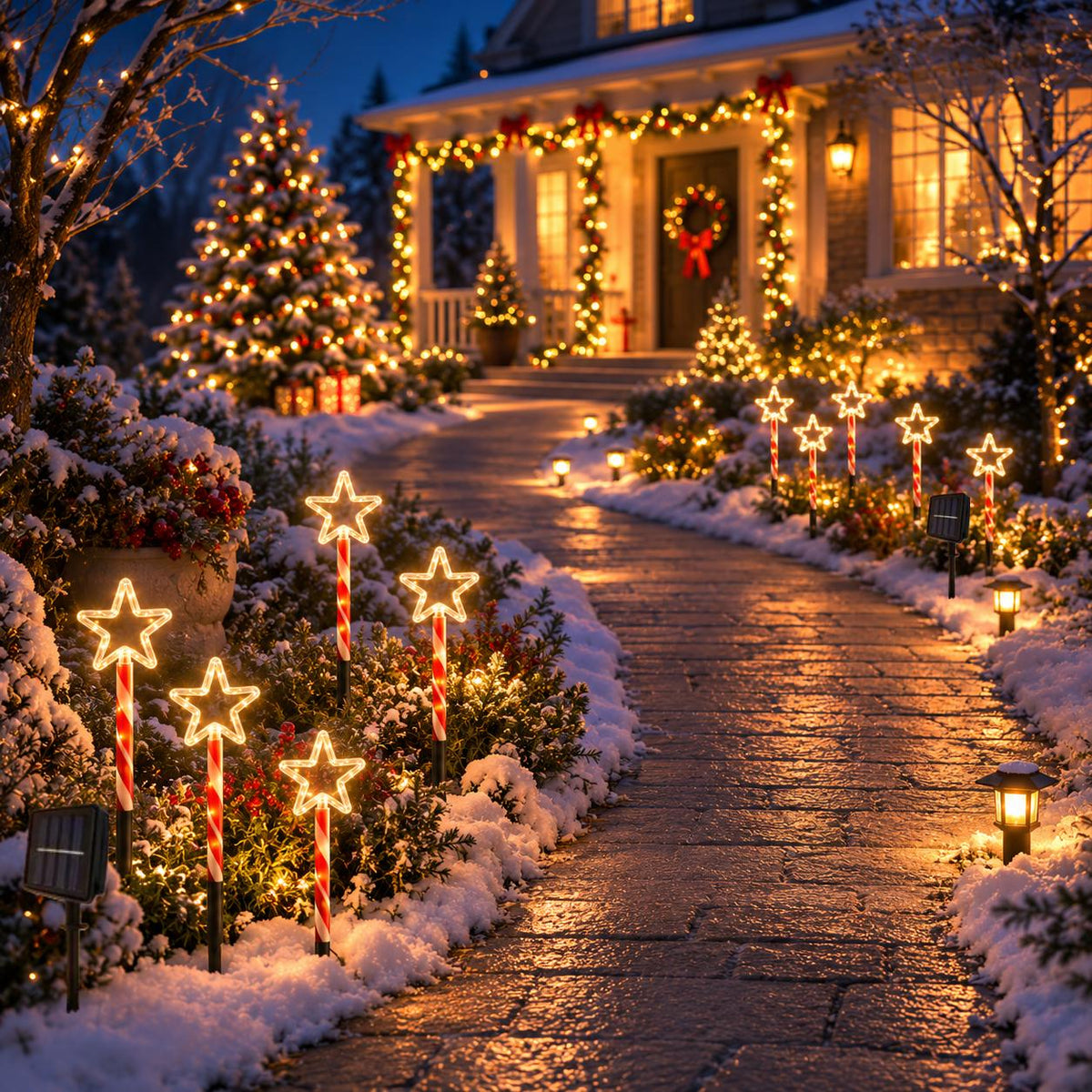 Guirlande solaire de Noël à 5 étoiles sur piquets sucre d'orge