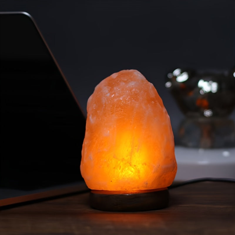 Lampe de sel rose brut sur socle en bois, veilleuse USB chaude
