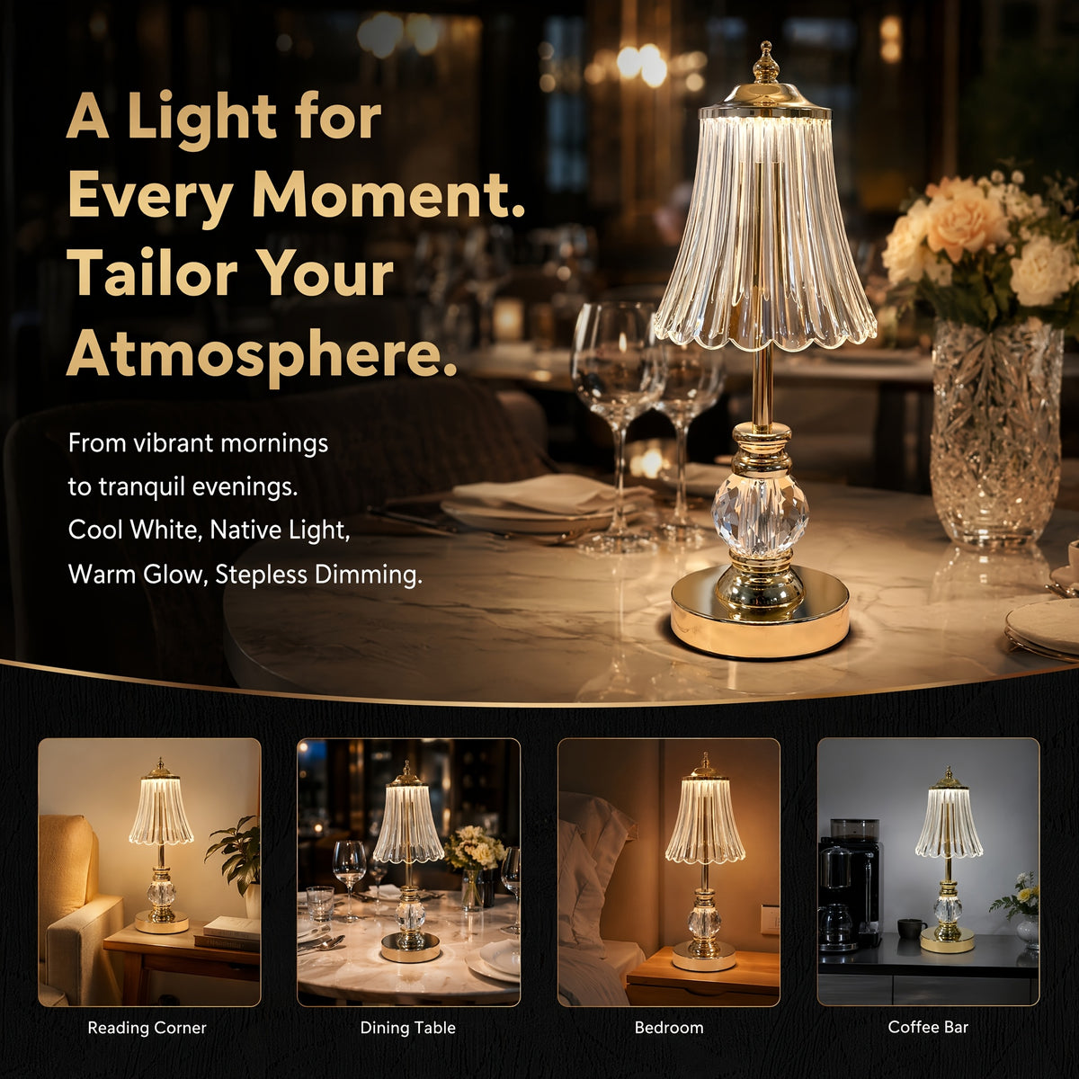 Lampe de chevet sans fil dorée, abat-jour strié et boule à facettes