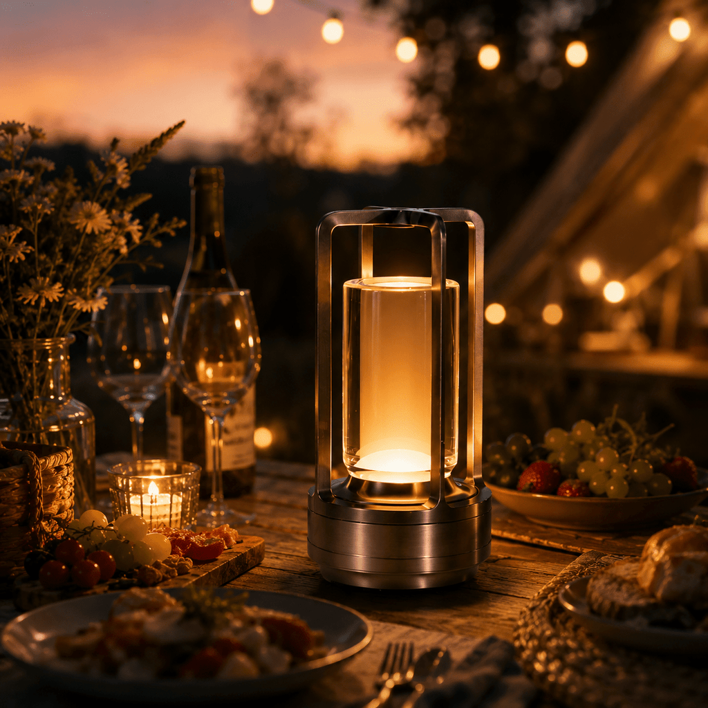 Lampe de table sans fil façon lanterne, cylindre cristal et métal