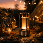 Lampe de table sans fil façon lanterne, cylindre cristal et métal