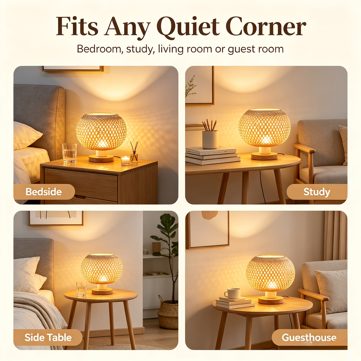 Lampe de chevet globe en bambou tressé sur socle bois, 20 cm