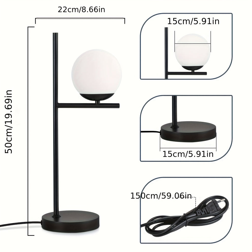 Lampe de chevet globe en verre opalin sur tige noire ou dorée, E27