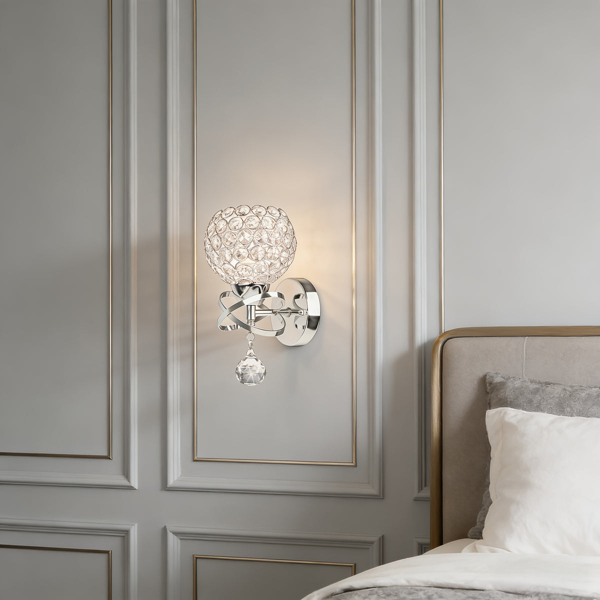 Applique murale boule de cristal chromée à pampille, douille E27