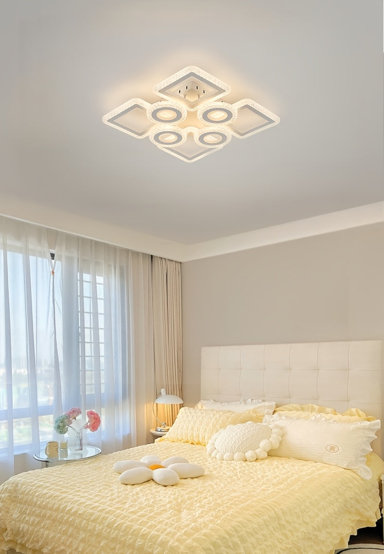 Plafonnier LED géométrique 75 cm, anneaux et carrés, trois teintes