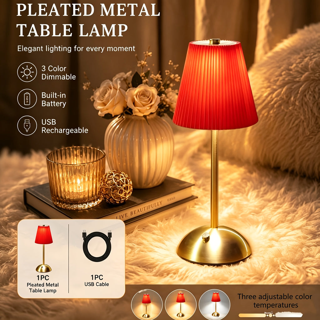 Lampe de chevet sans fil à abat-jour plissé coloré, socle dôme doré