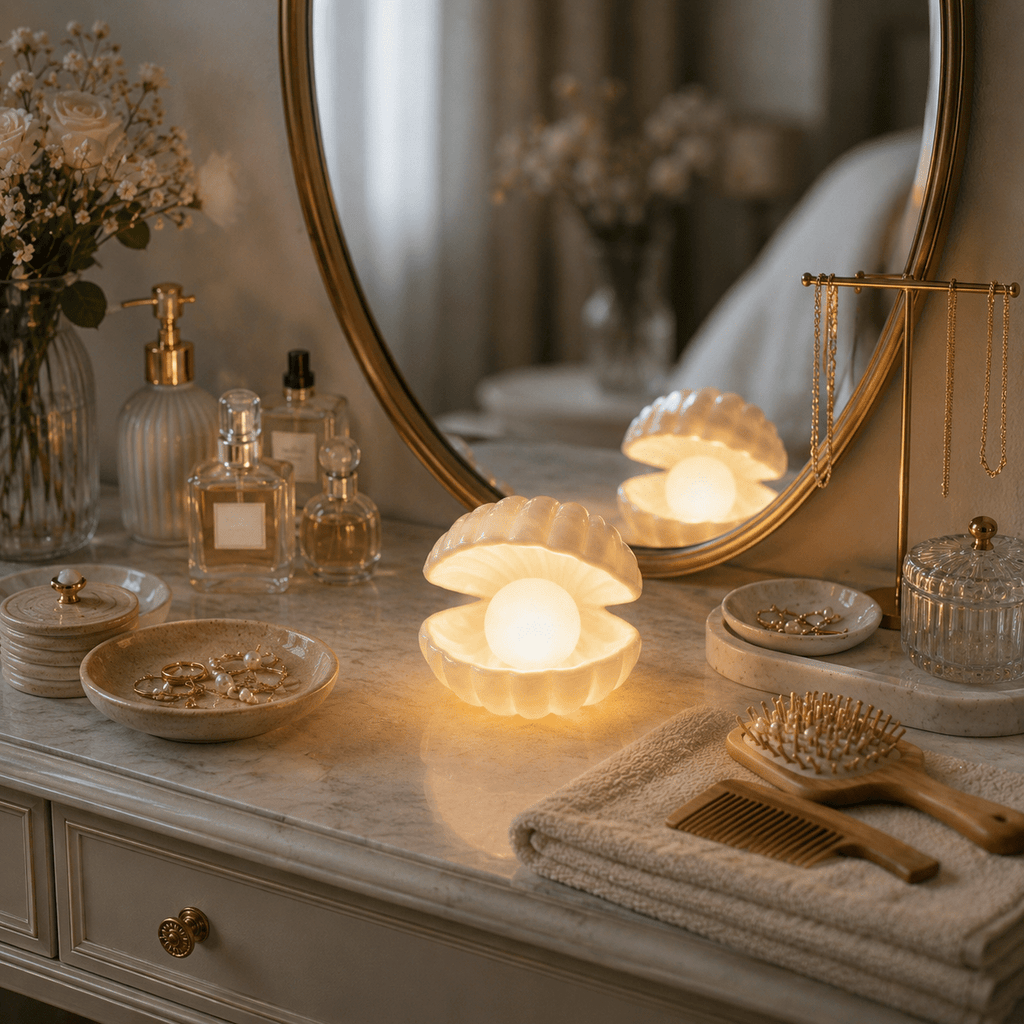 Veilleuse coquillage et perle à piles, lampe de chevet blanc chaud