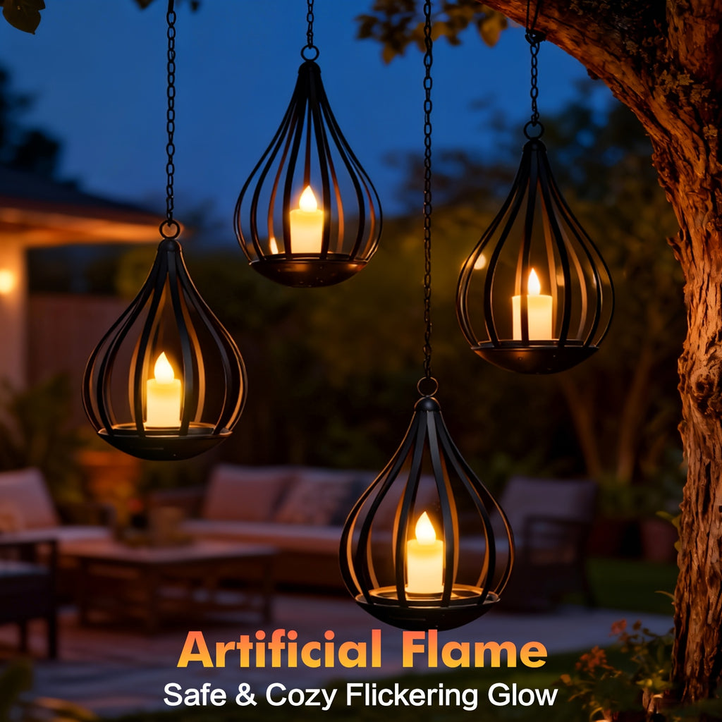 Lanterne solaire goutte en métal noir, bougie LED vacillante, IP65
