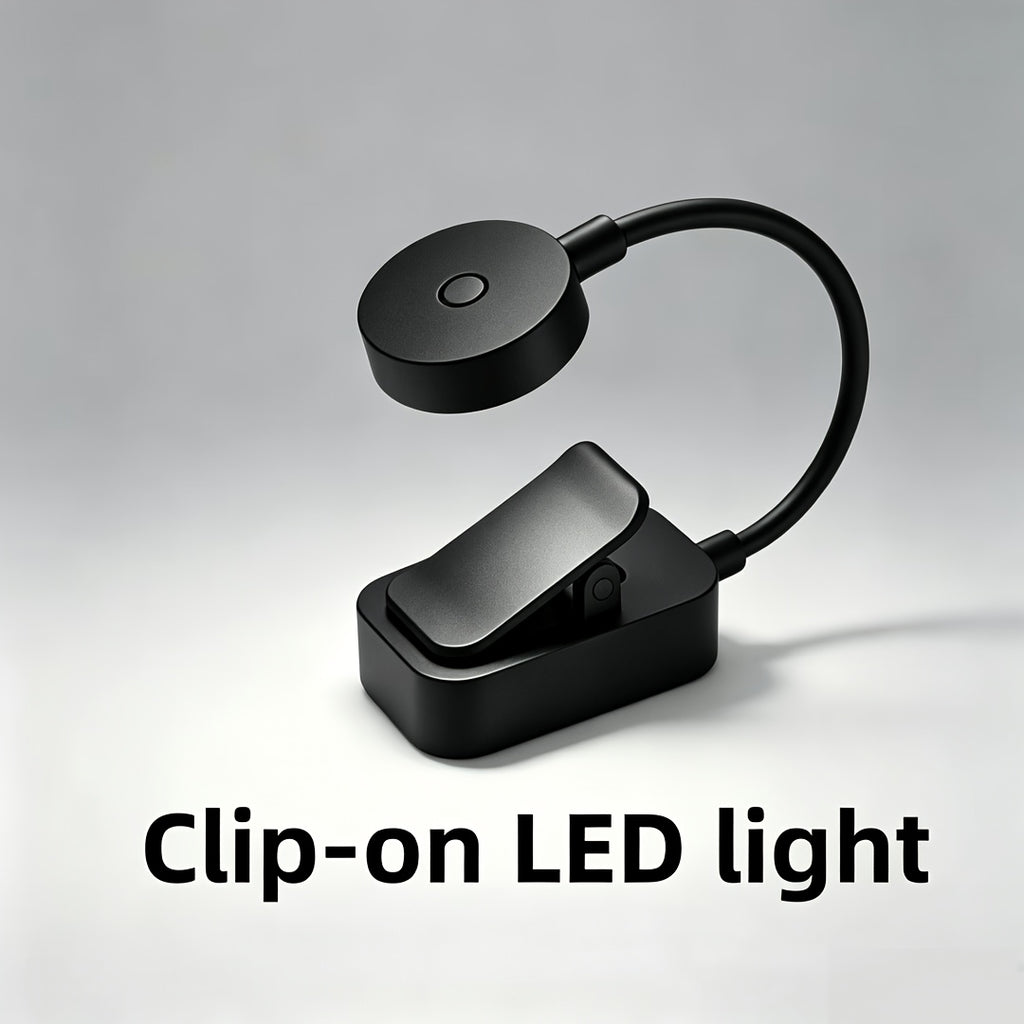 Lampe de lecture à pince noire à piles, tête ronde, col 360°