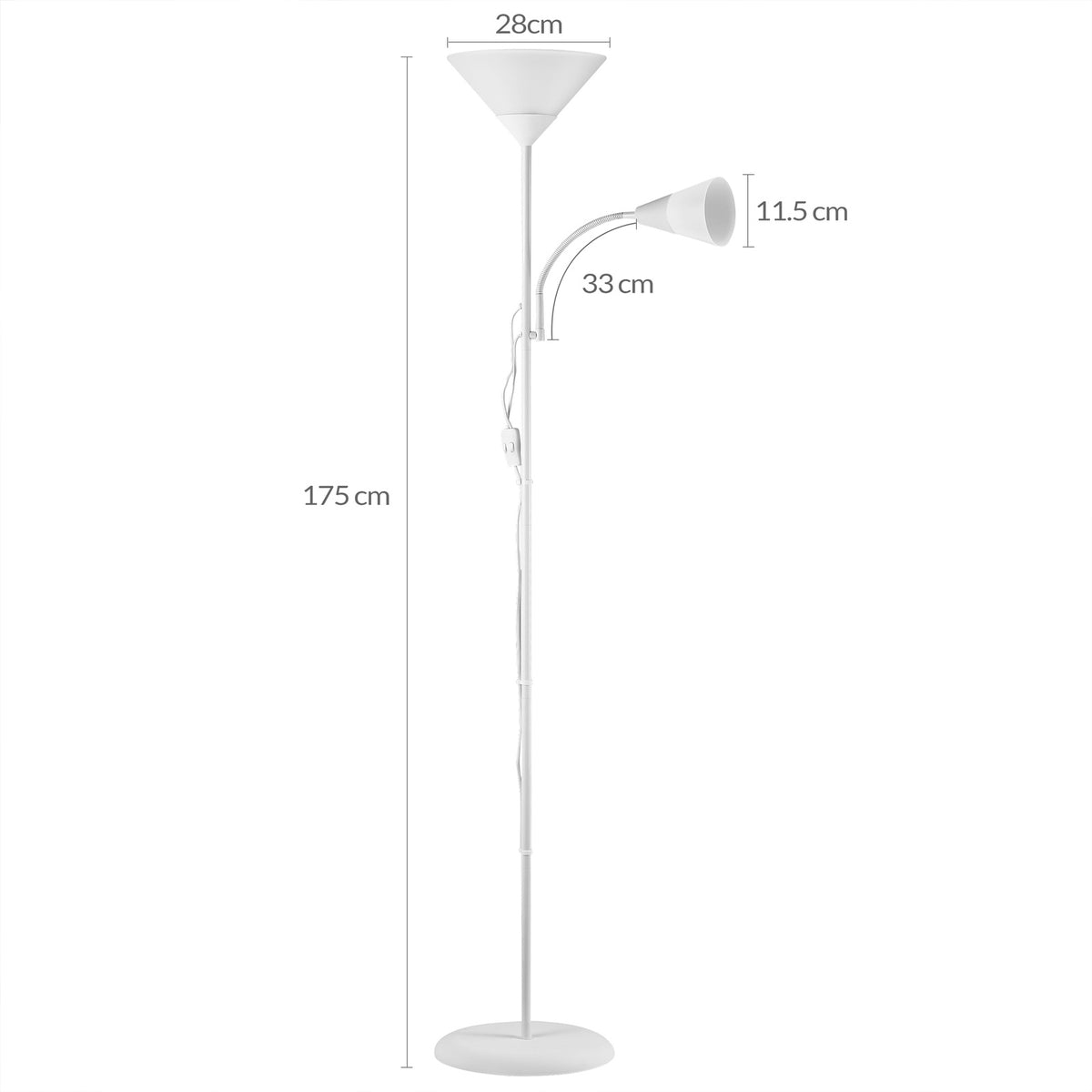 Lampadaire vasque avec liseuse flexible, noir ou blanc, 175 cm