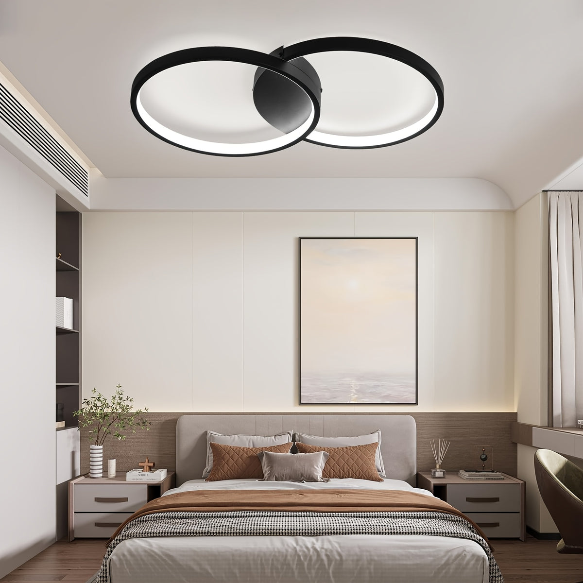 Plafonnier LED double anneau noir et blanc, 50 cm, trois teintes