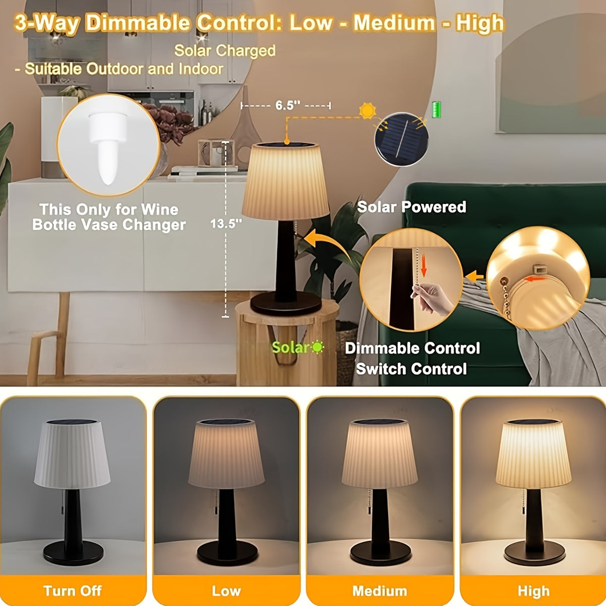 Lampe de table solaire à abat-jour blanc nervuré, 3 intensités