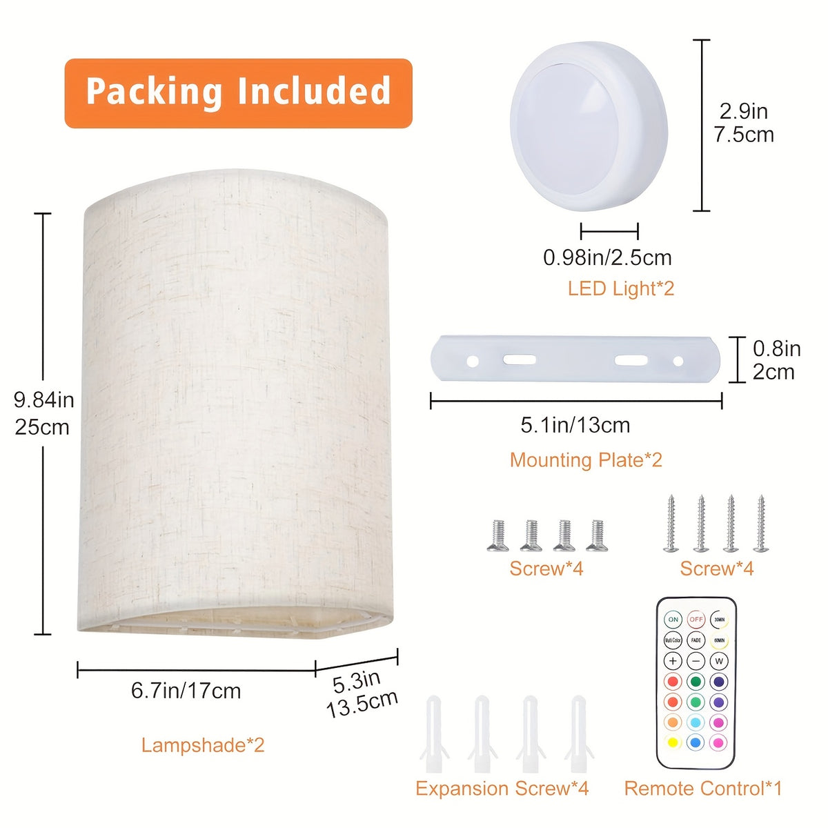 Applique murale demi-cylindre en tissu, lot de 2 à piles et RVB