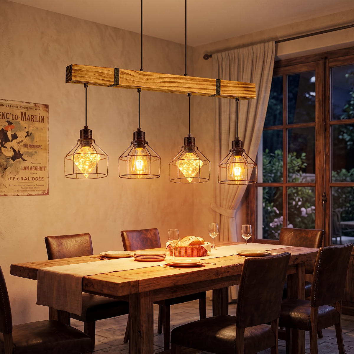 Suspension rustique en bois flammé et cages filaires