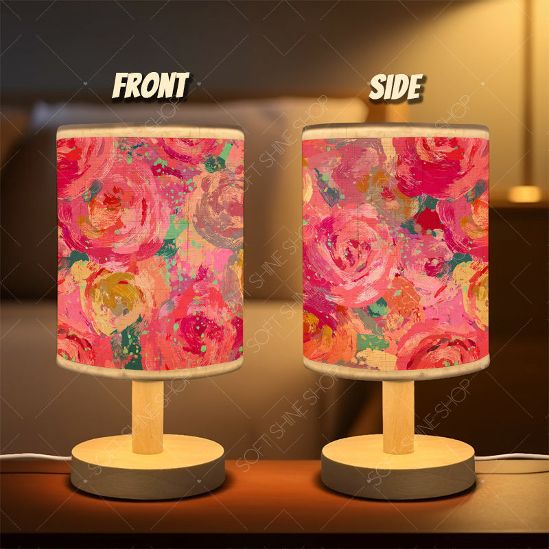 Lampe de chevet à roses peintes façon gouache, abat-jour tissu USB