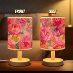 Lampe de chevet à roses peintes façon gouache, abat-jour tissu USB