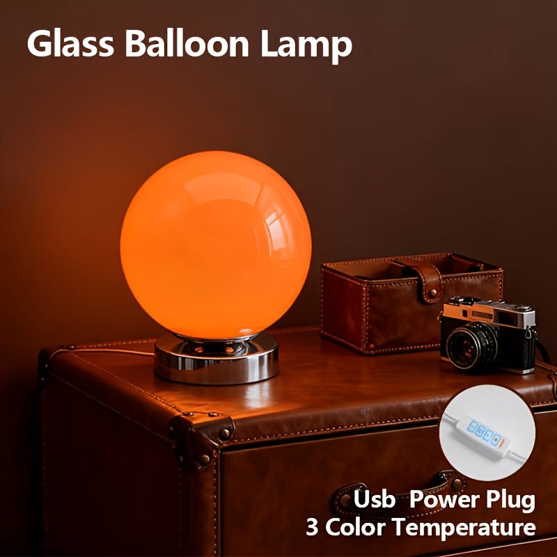 Lampe boule en verre rose sur socle chromé, USB et variateur