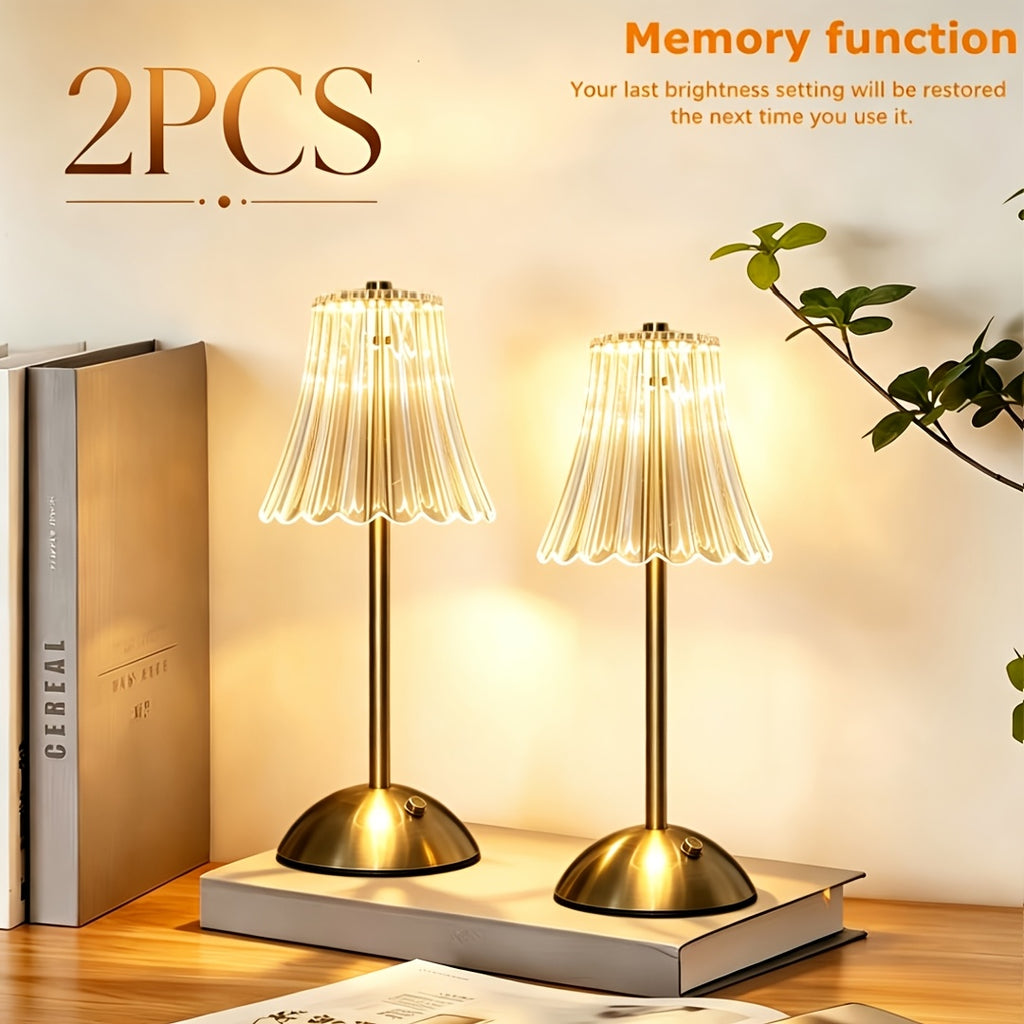 Lot de 2 lampes sans fil dorées à abat-jour plissé, mémoire tactile