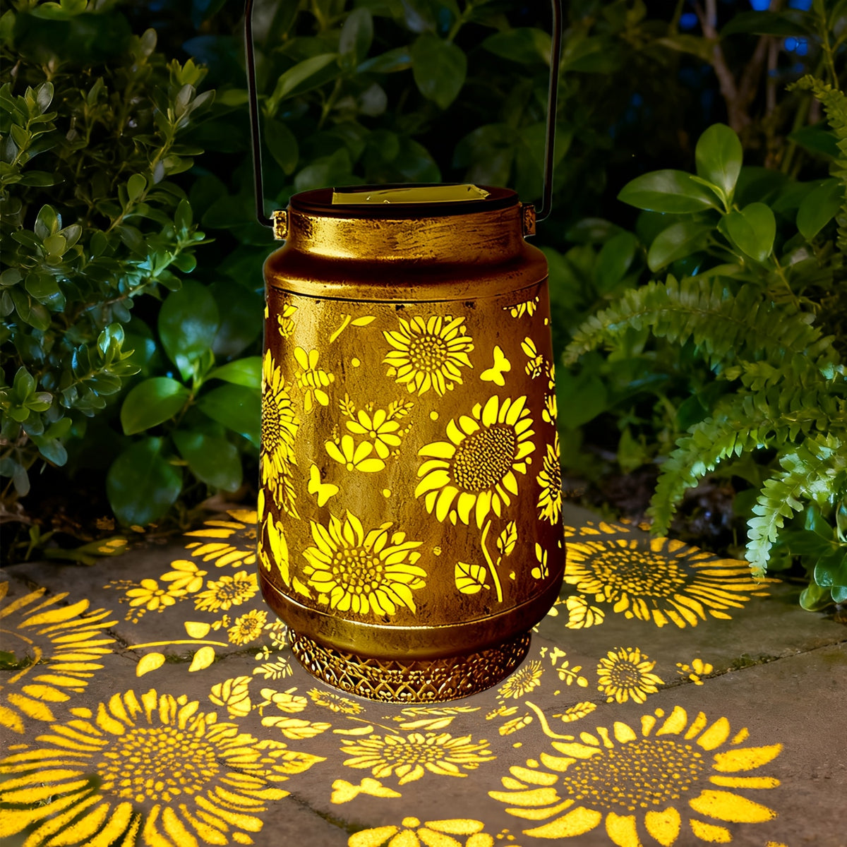 Lanterne solaire ajourée de tournesols, projection de motifs au sol