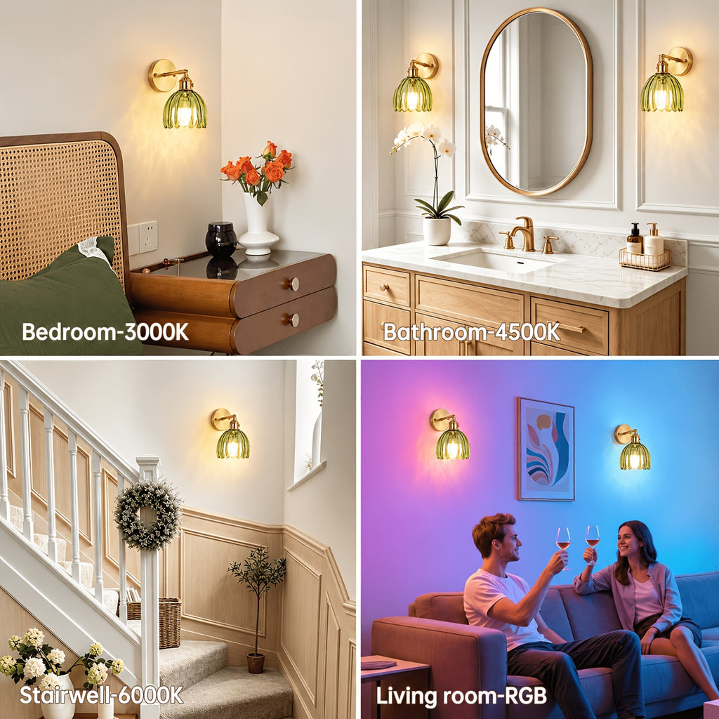 Applique murale sans fil rechargeable, tulipe de verre vert, RVB