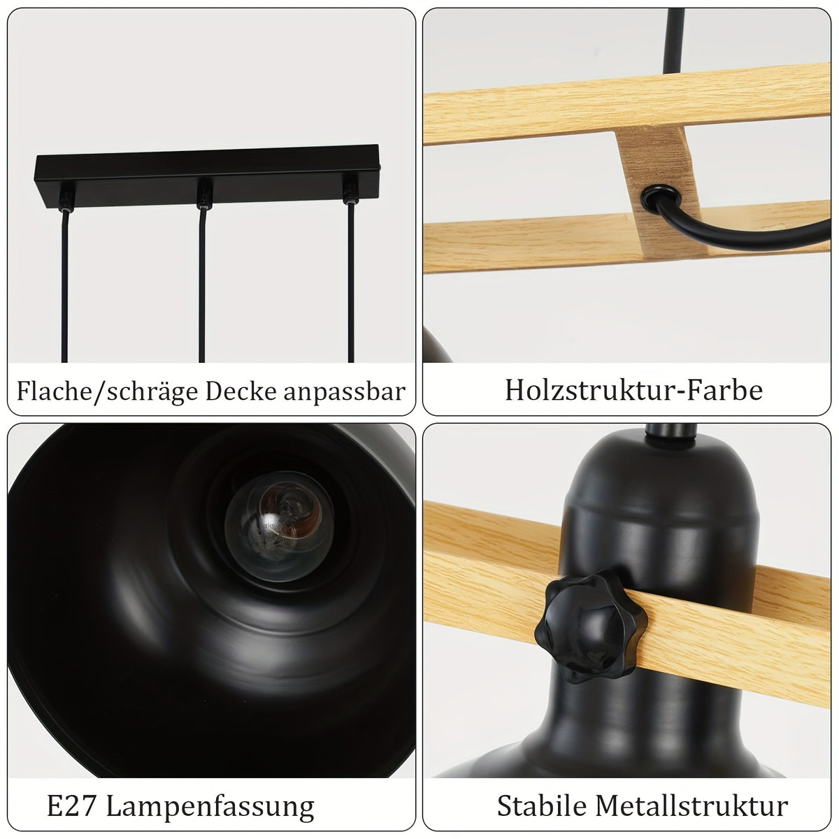 Suspension 3 coupoles noires sur barre effet bois de 78 cm, E27