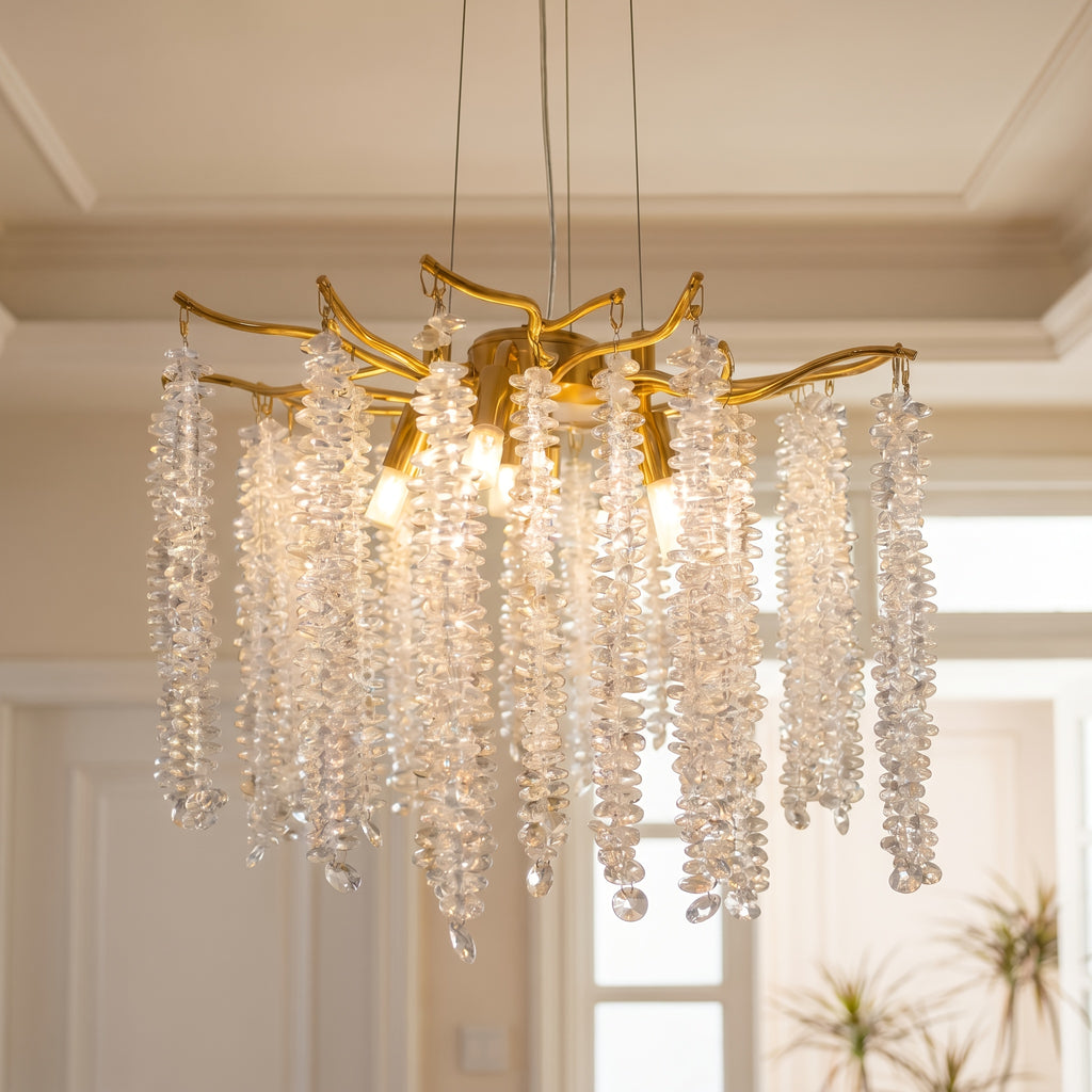 Lustre doré à grappes de cristal façon glycine, 5 lumières G9