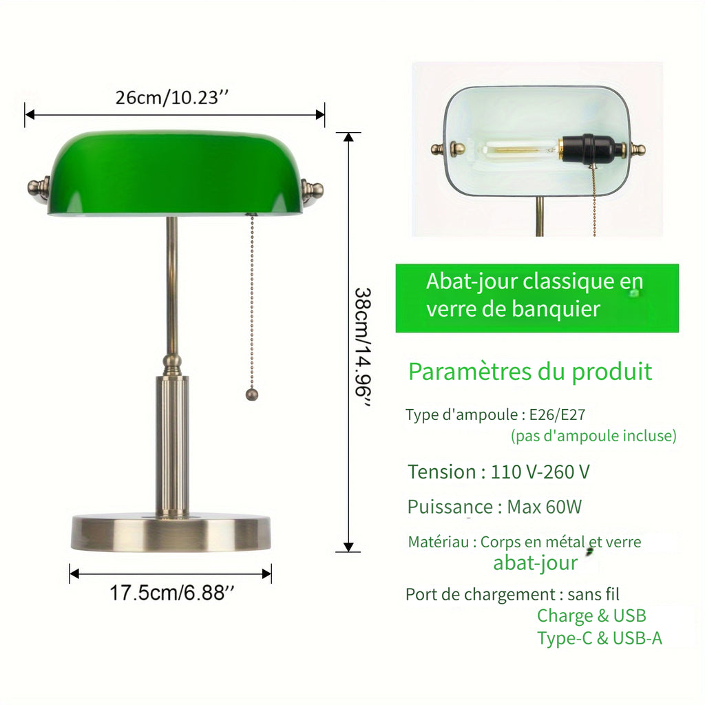 Lampe de banquier en verre vert, recharge sans fil et ports USB