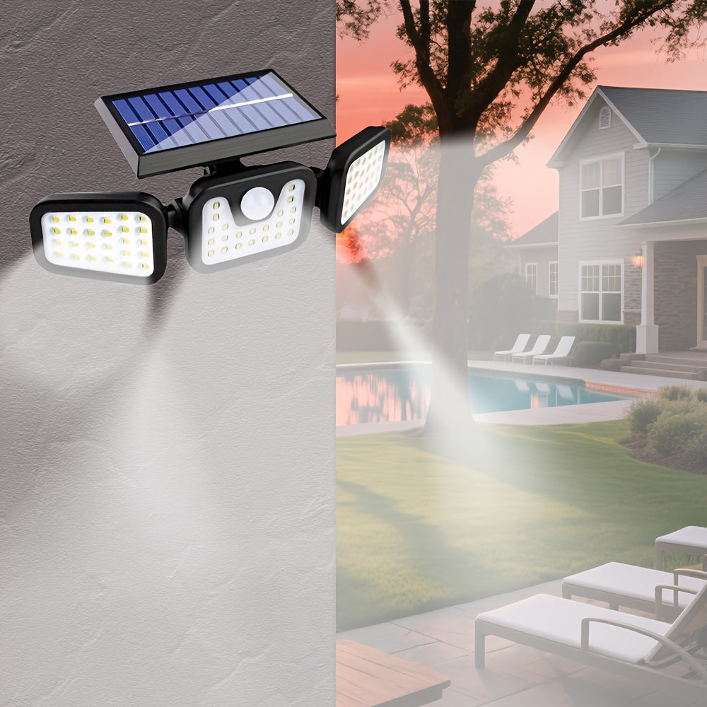 Applique solaire 74 LED à têtes orientables, 800 lumens, détecteur