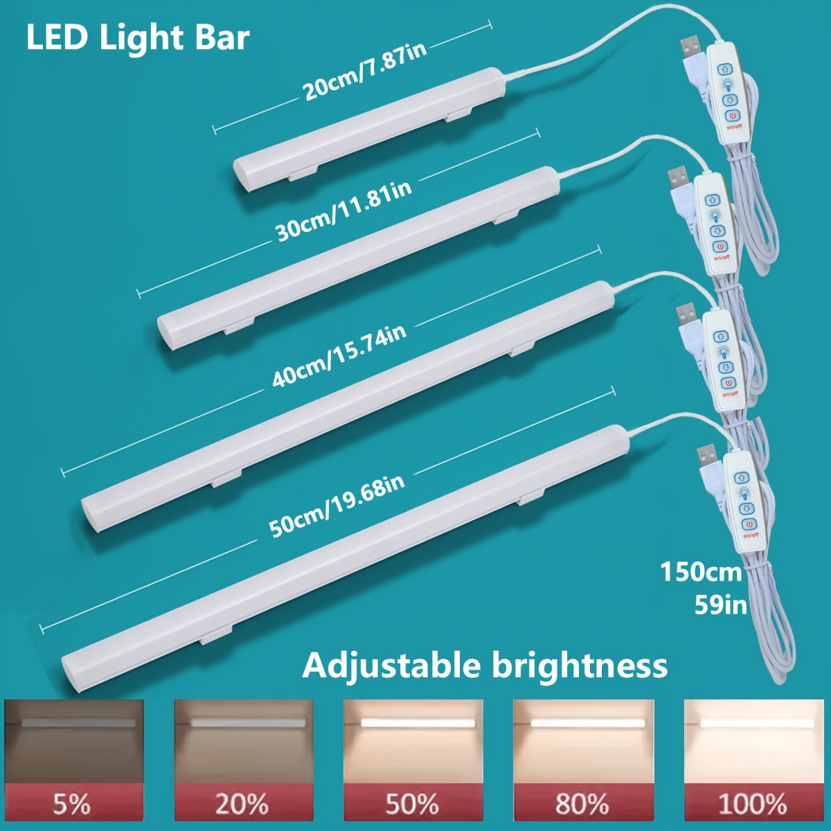 Réglette LED USB lumière blanche, câble de 150 cm, 40 ou 50 cm