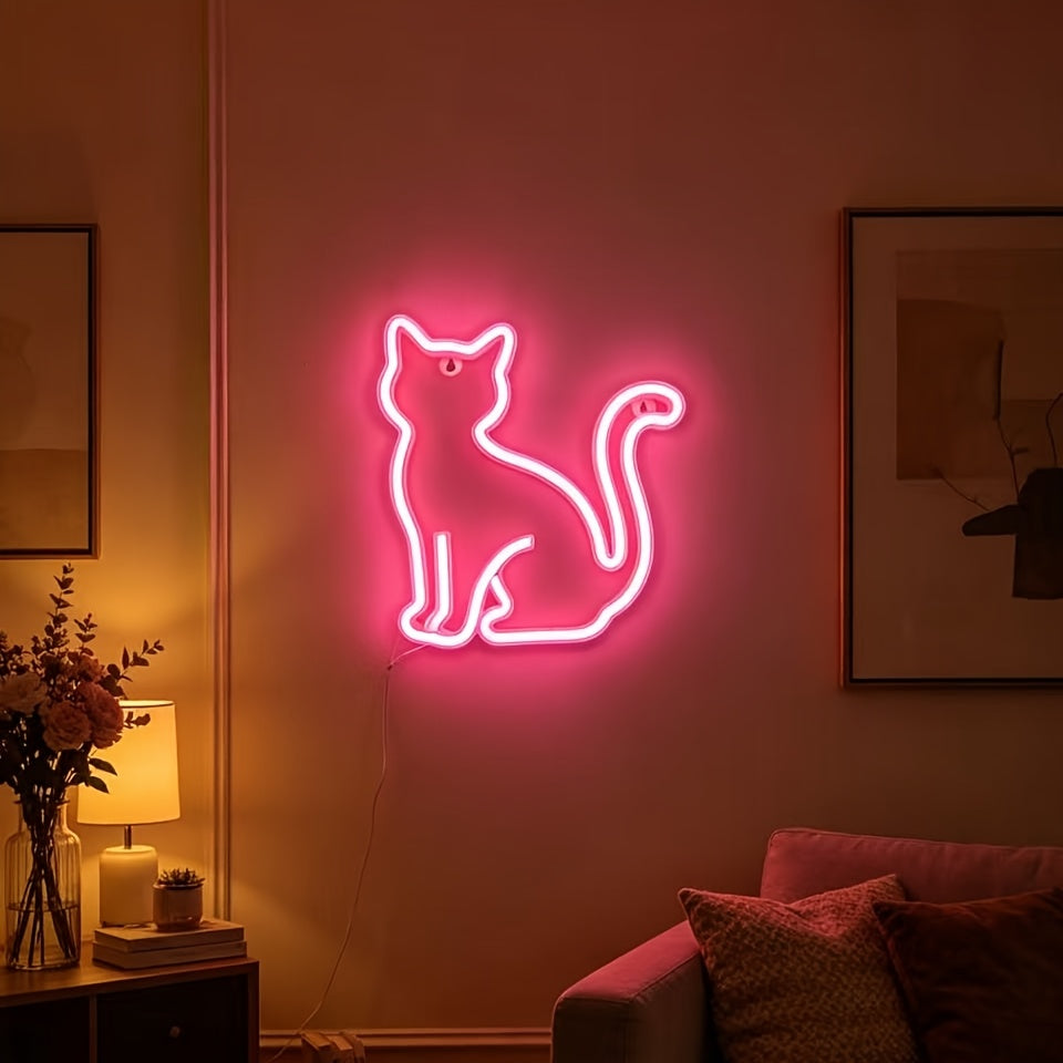 Néon LED chat assis à accrocher, rose ou blanc, piles ou USB