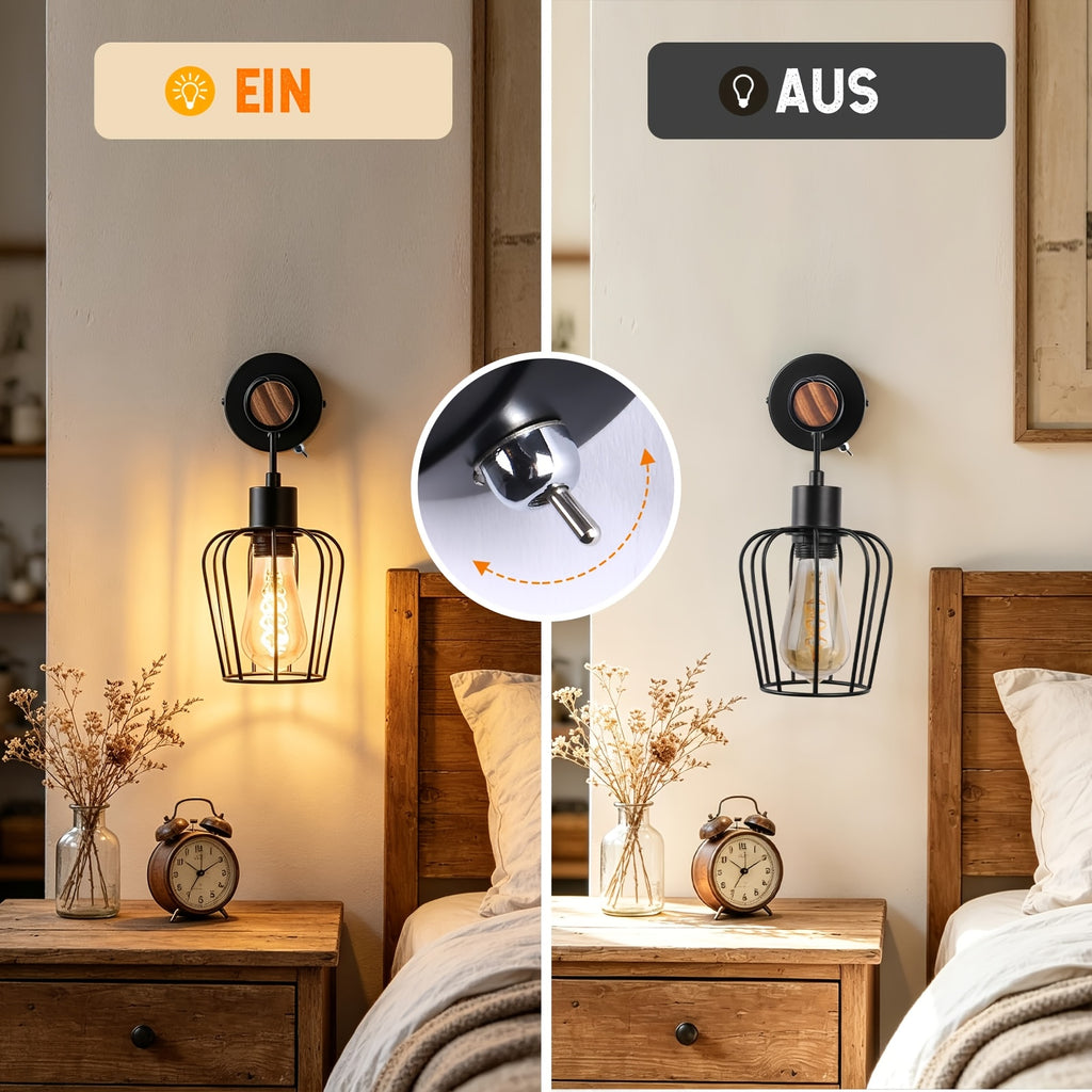 Applique murale cage en métal noir et bras en bois, douille E27