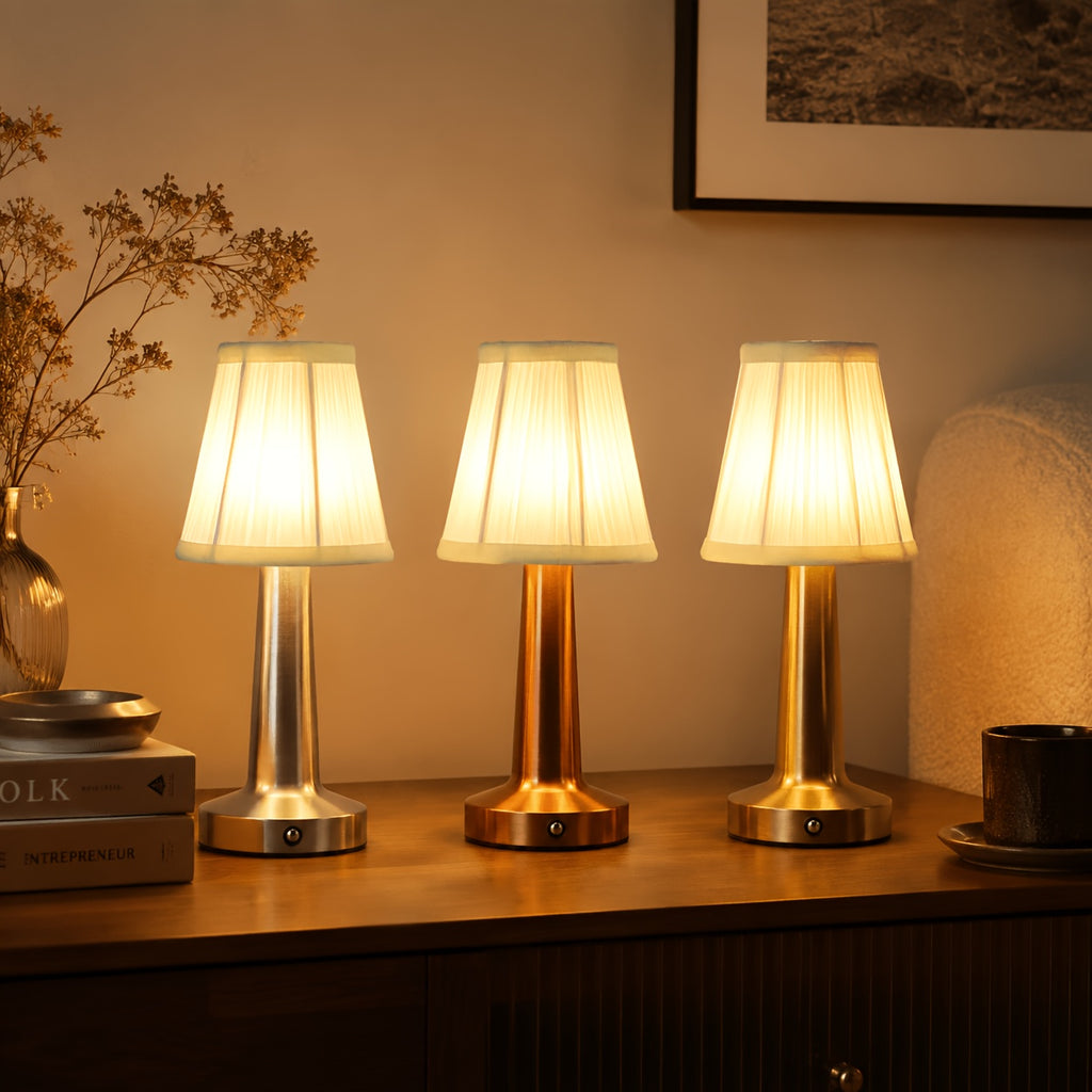 Lampe de table sans fil à abat-jour plissé blanc, pied doré ou argenté