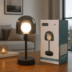 Lampe de table LED sans fil à dôme fumé et globe opalin, grise
