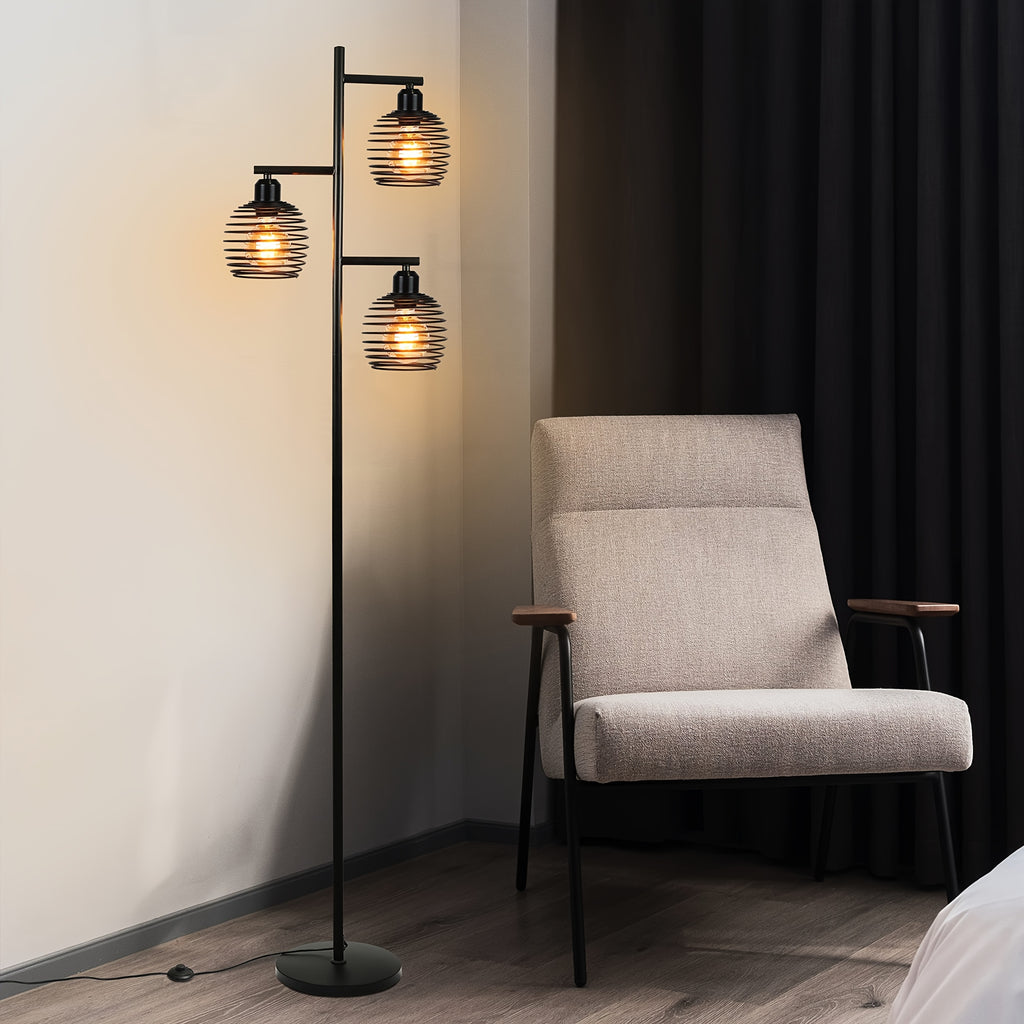 Lampadaire noir à trois cages spirale en métal, 3 lumières E27