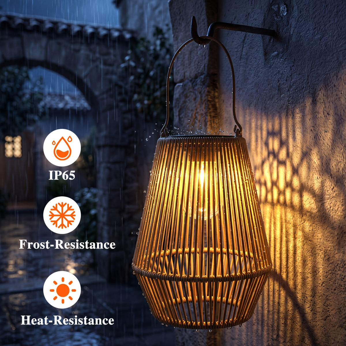 Lanterne solaire effet rotin IP65 à ampoule filament, à suspendre